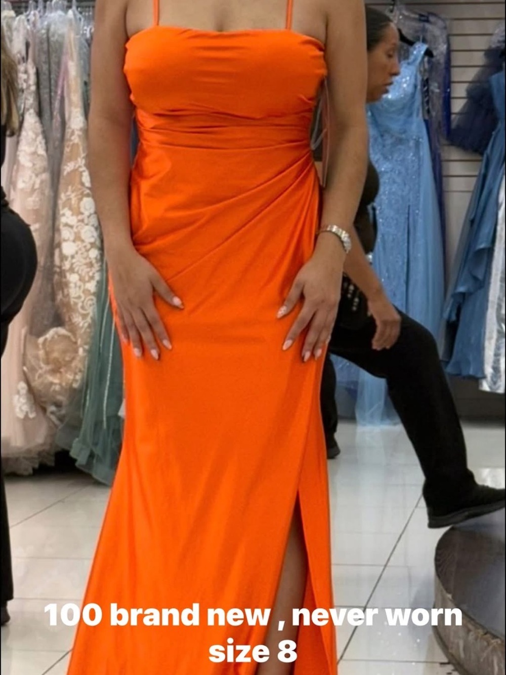 Strapless Orange Evening Gown with Side Slit